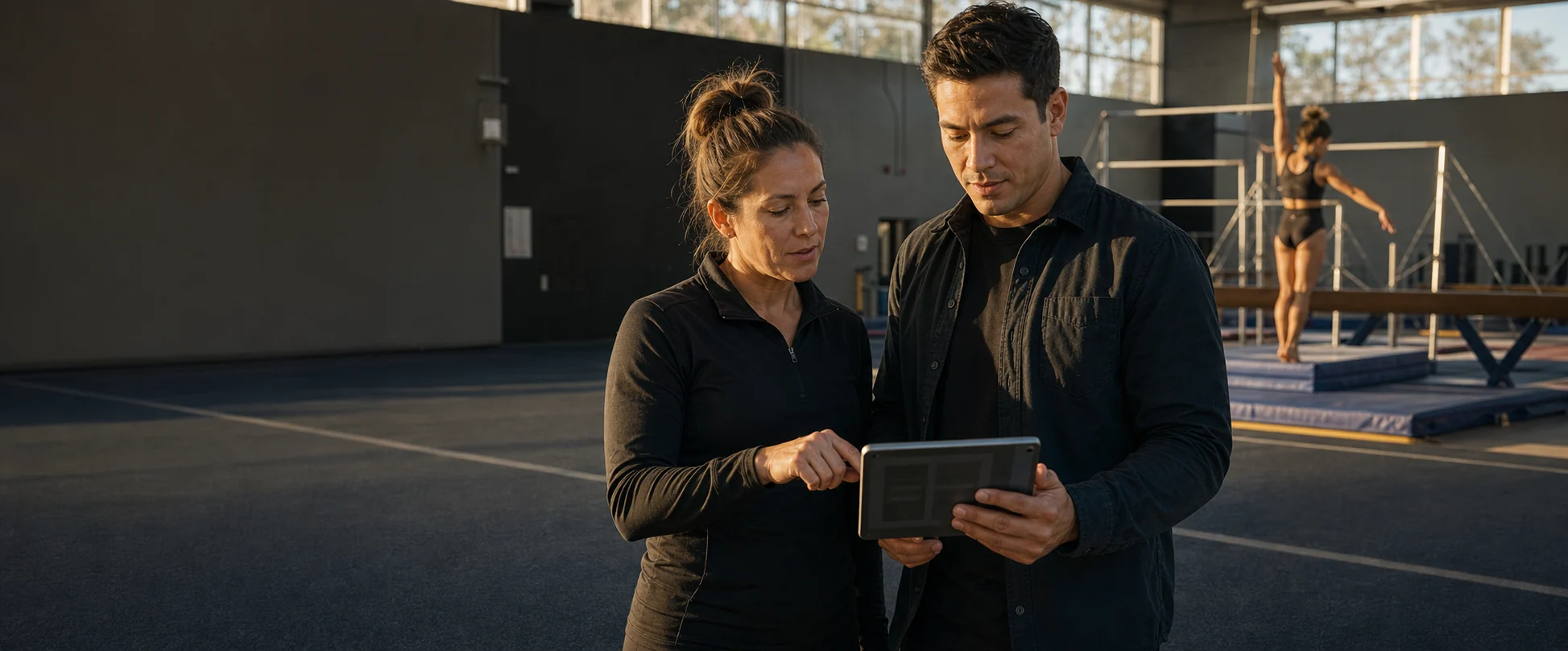 A gymnastics coach and sports strategist reviewing a digital growth plan inside a training facility