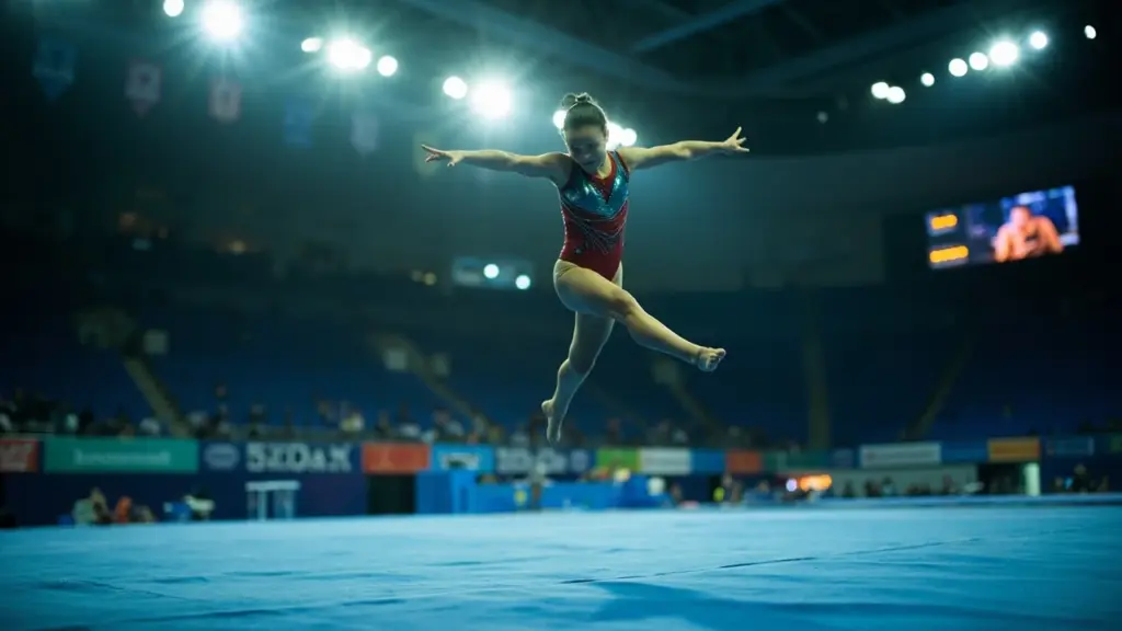 Editorial illustration of a gymnastics scoring routine judged on the floor exercise