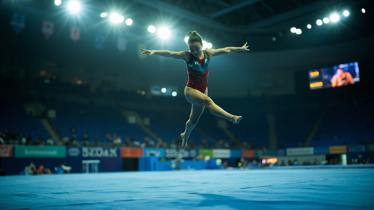 Editorial illustration of a gymnastics scoring routine judged on the floor exercise