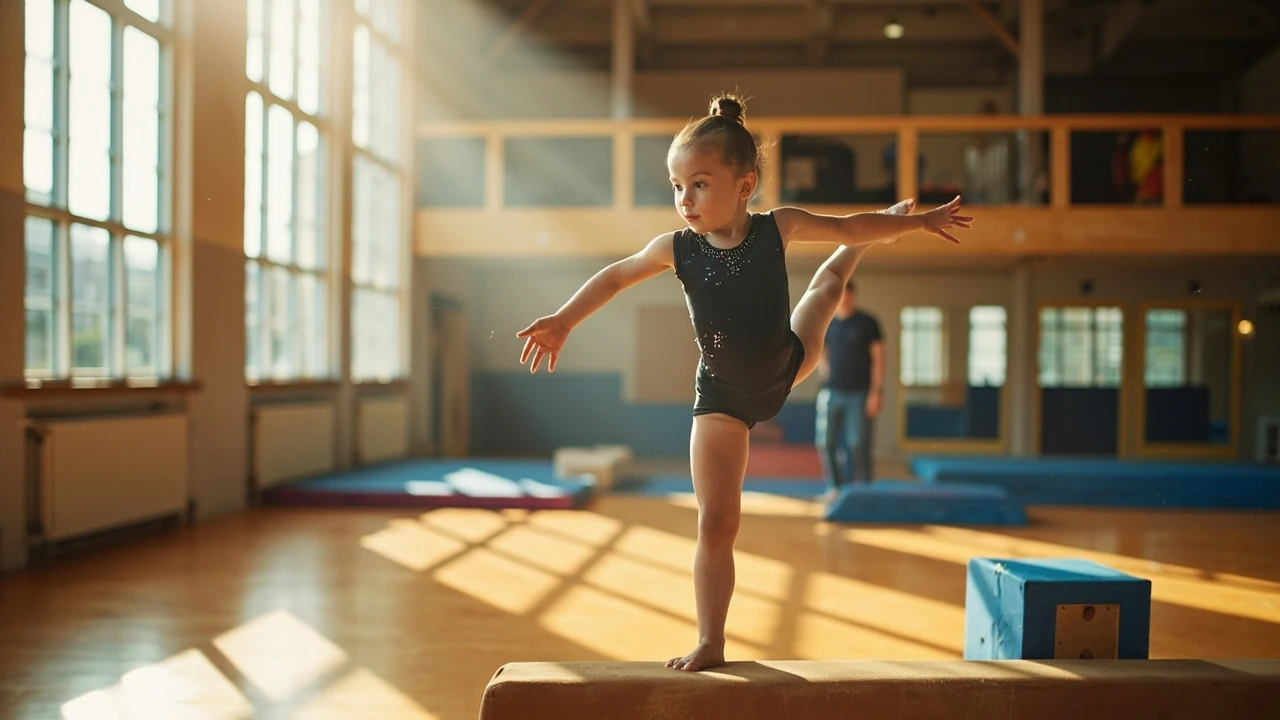 Young gymnast practicing beam drills on a low practice beam in a gym