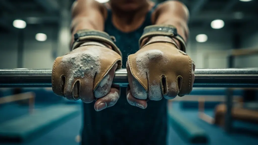 Gymnast chalked hands gripping a bar wearing leather bar grips