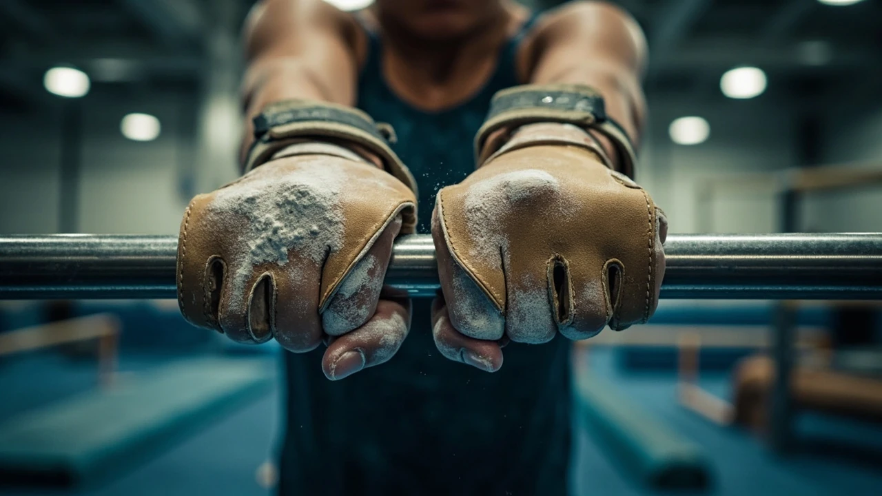 Gymnast chalked hands gripping a bar wearing leather bar grips