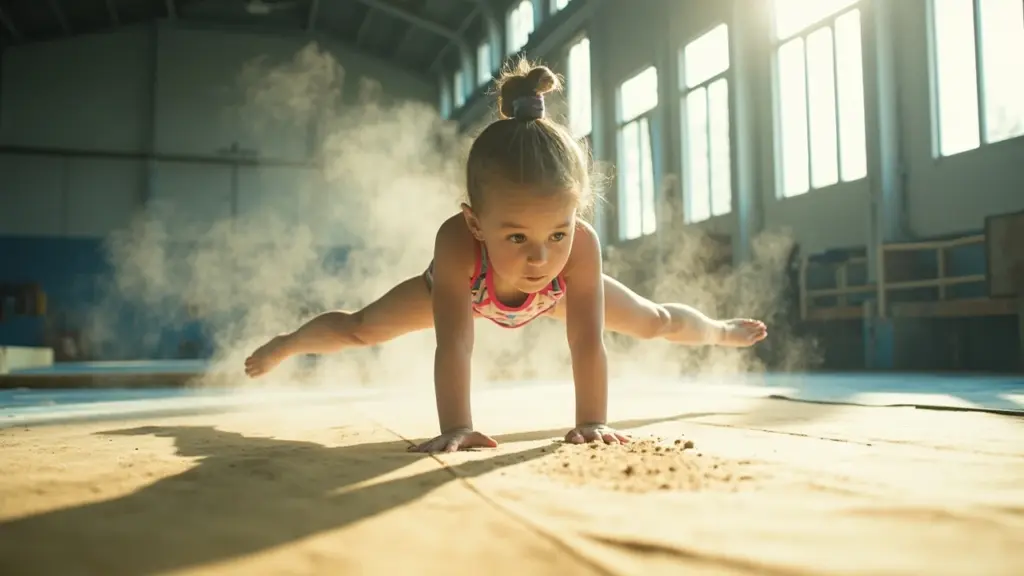 Gymnast demonstrating proper landing technique on the mat