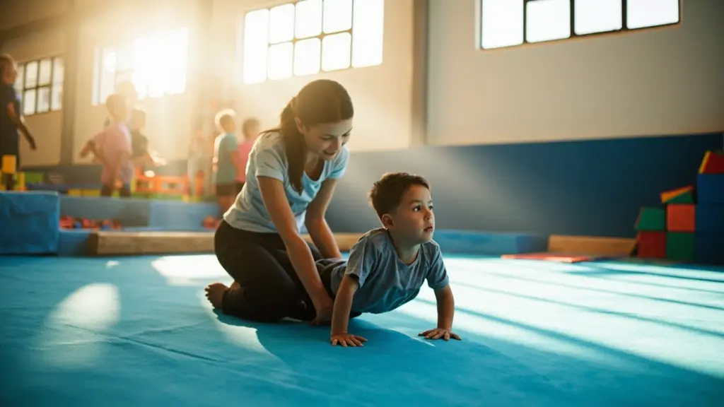 Coach guiding a young athlete in an academy sports training session on the floor mat