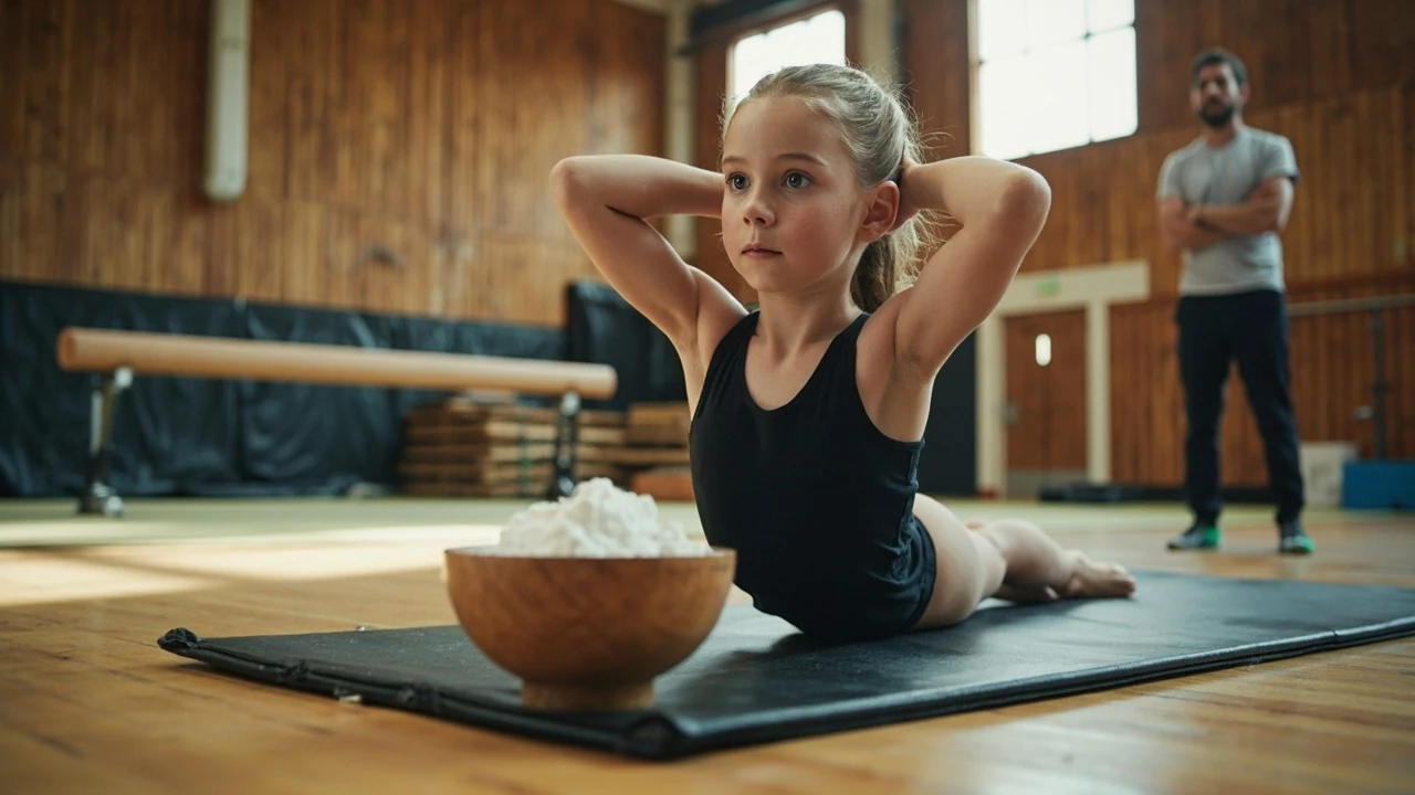 Gymnast performing a crunch fitness core exercise on a training mat