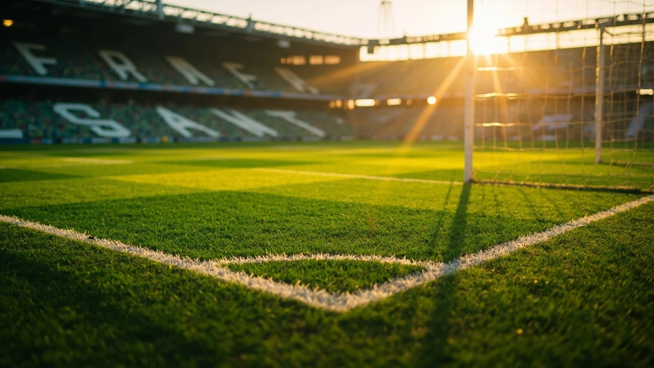 An empty football field with clear markings and goalposts