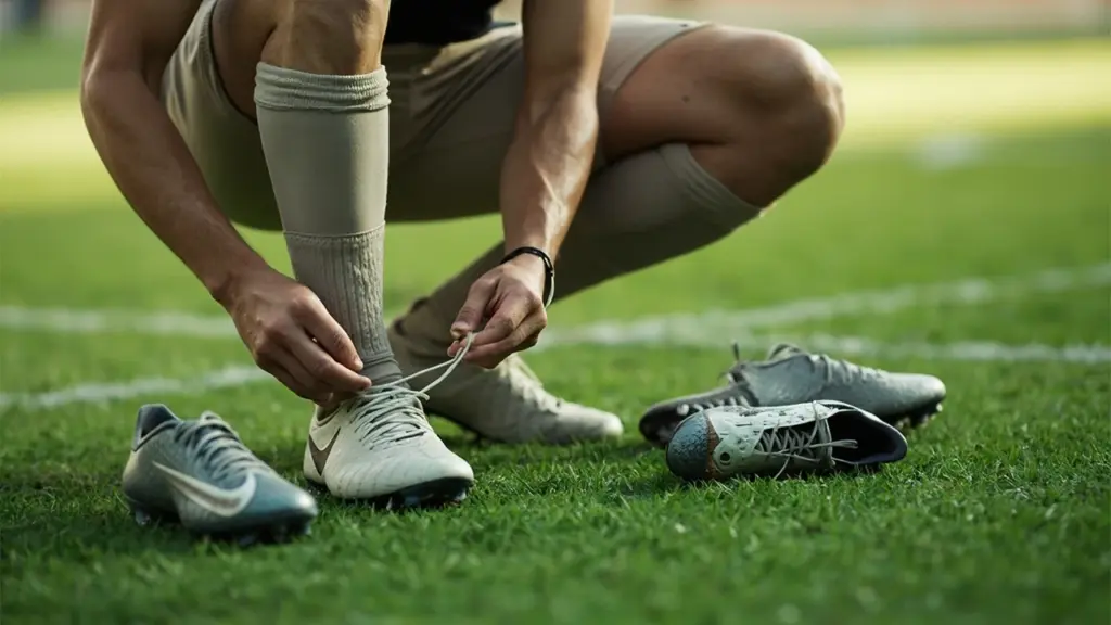 Player tying football cleats on a grass field before practice