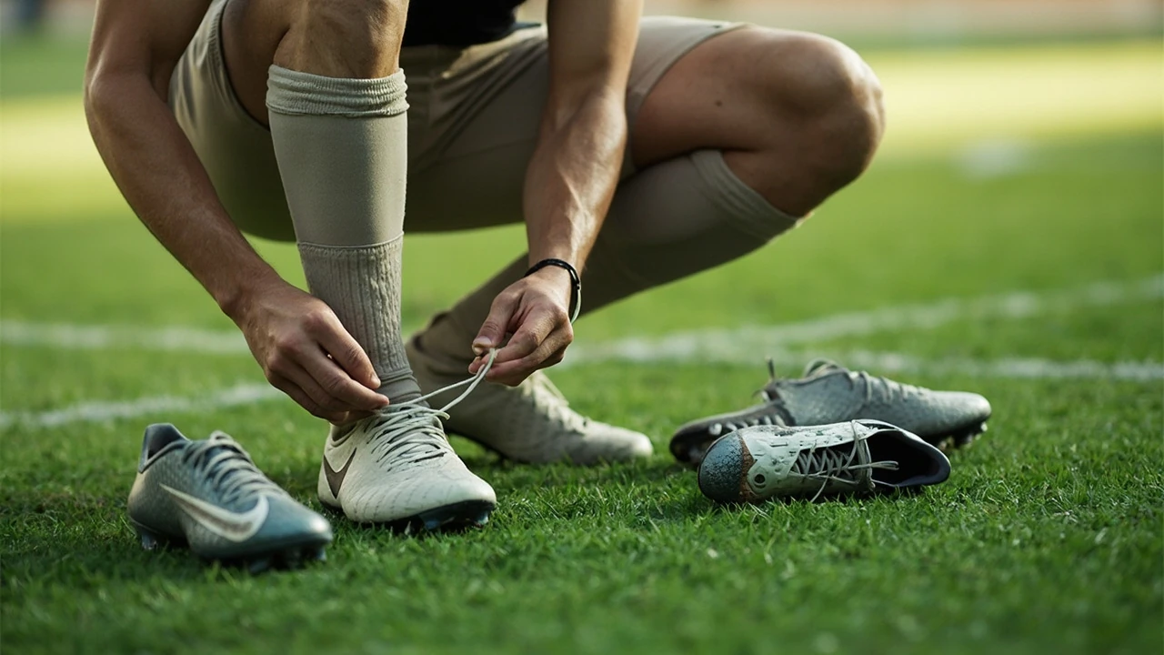 Player tying football cleats on a grass field before practice
