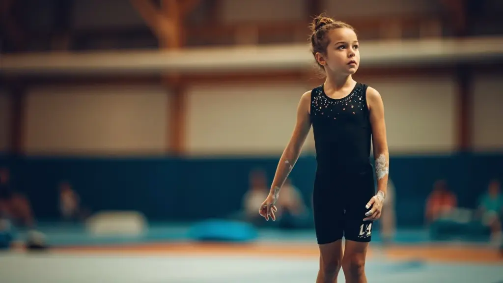 Young athlete preparing for champs sports competition on the floor mat