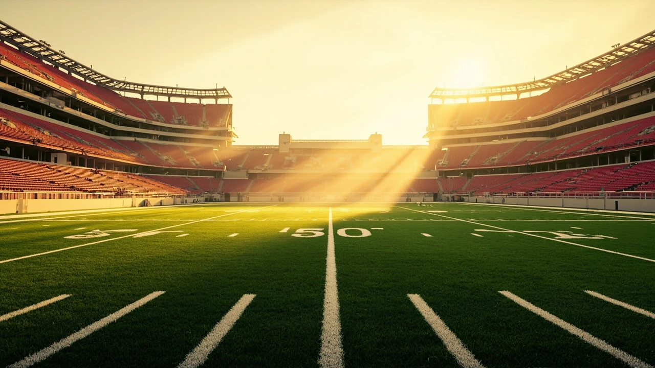 Editorial graphic illustrating the Alabama football schedule 2025 with stadium and field imagery
