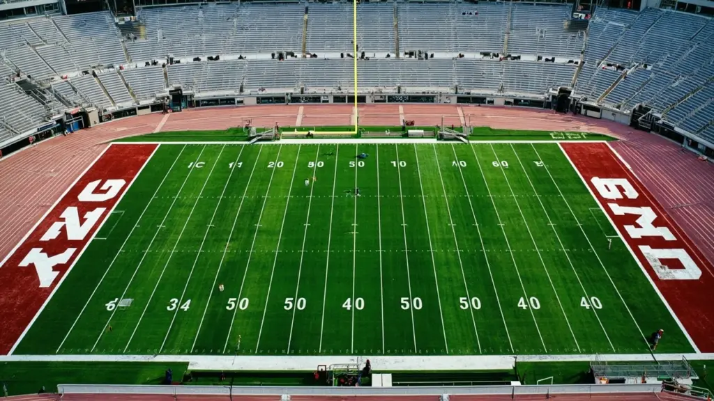An overhead view of a college football field used to illustrate the OU football schedule