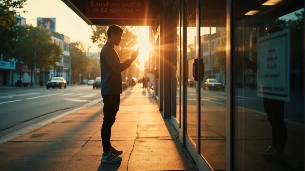 A gym-goer checking planet fitness hours on a smartphone near a club entrance