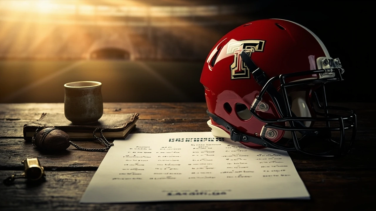 Texas Tech football schedule printed on a desk next to a helmet and notebook