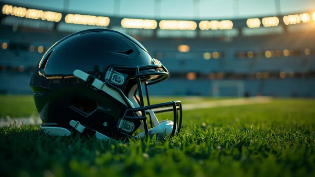 Modern football helmet on a turf field, three-quarter view