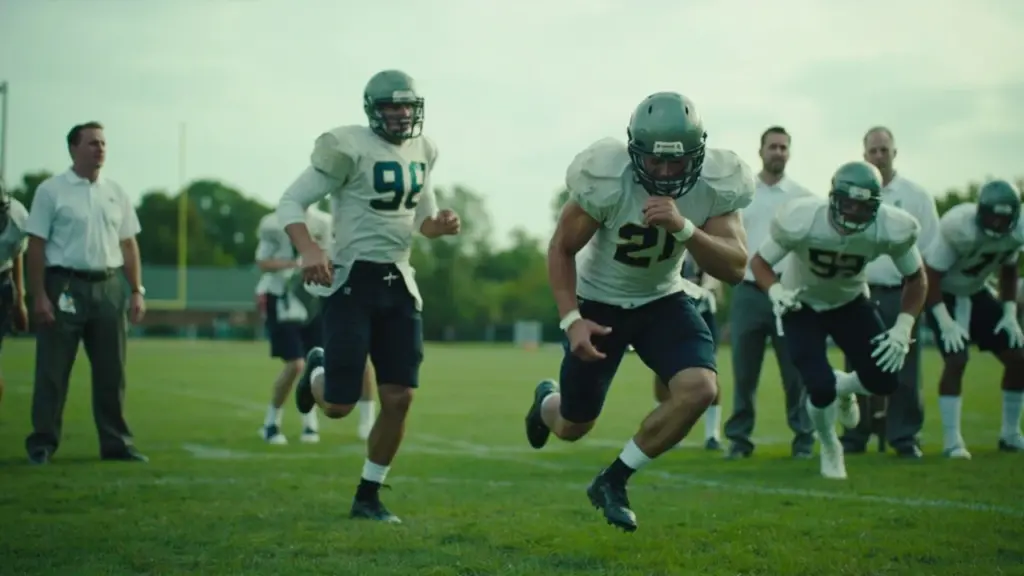 Liberty football players running drills on a practice field