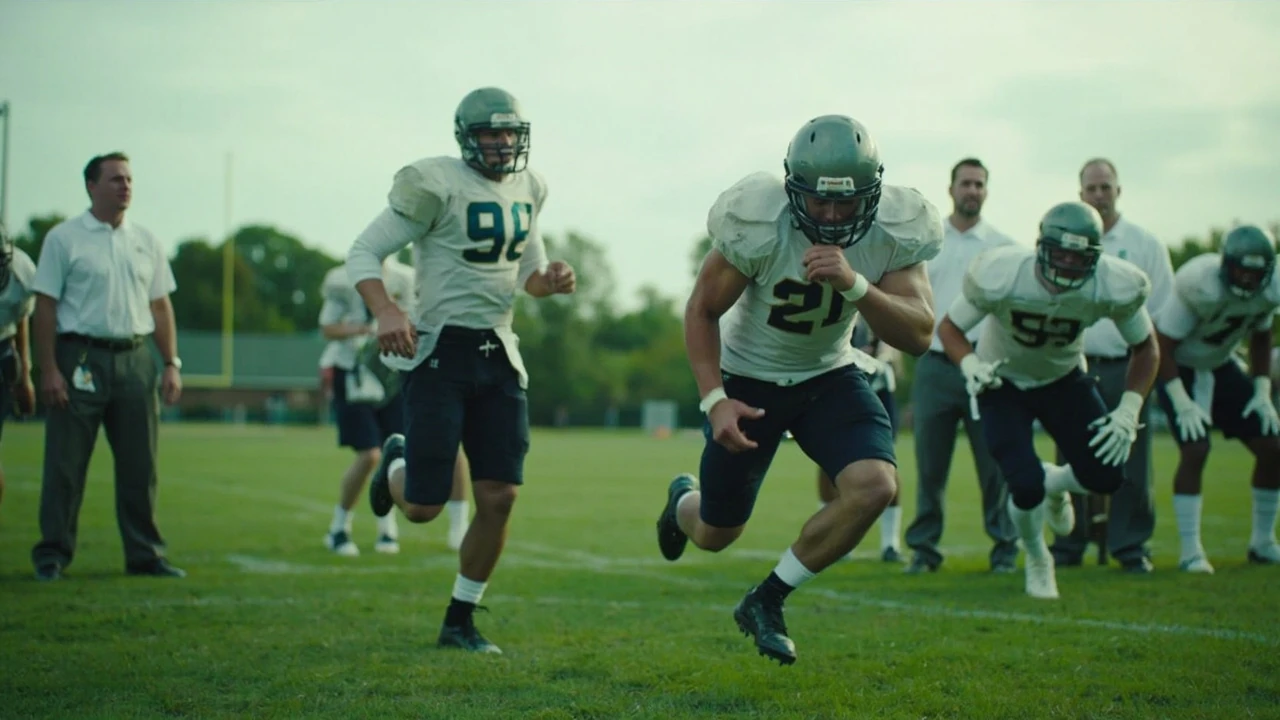 Liberty football players running drills on a practice field