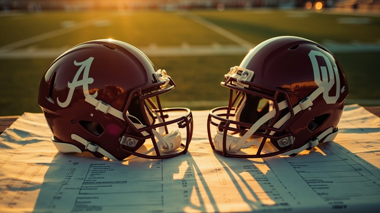 Alabama Crimson Tide football vs Oklahoma Sooners football match player stats line and helmet graphic