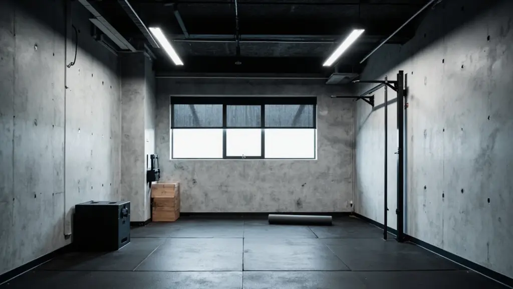 Finished sports basement with gym flooring, wall padding, and ceiling lighting