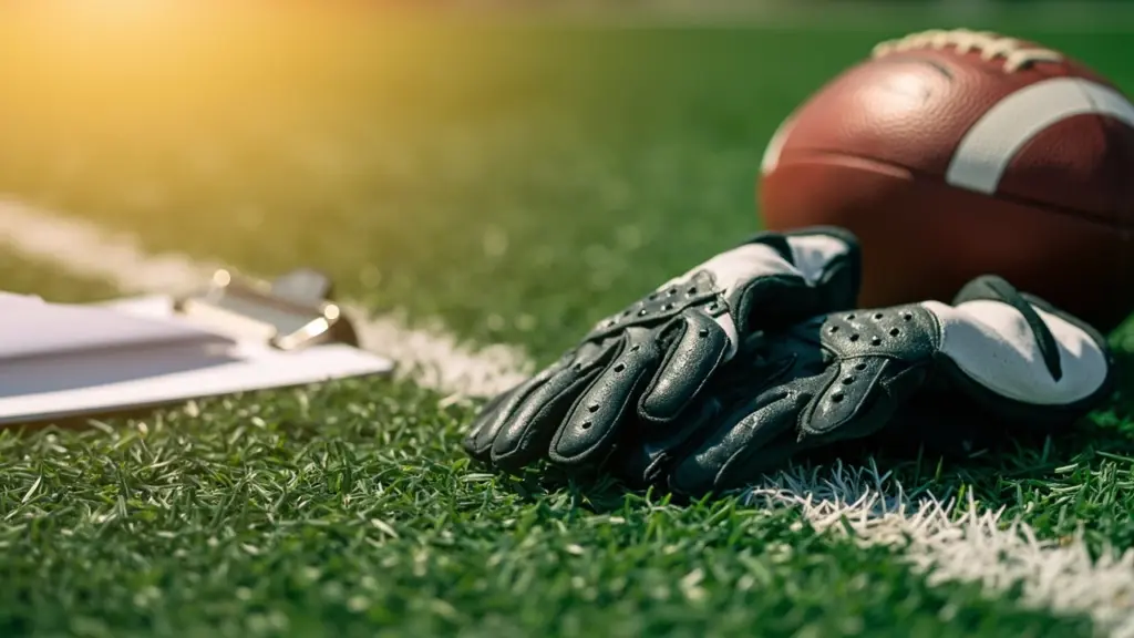 Football gloves laid out on a field sideline before practice