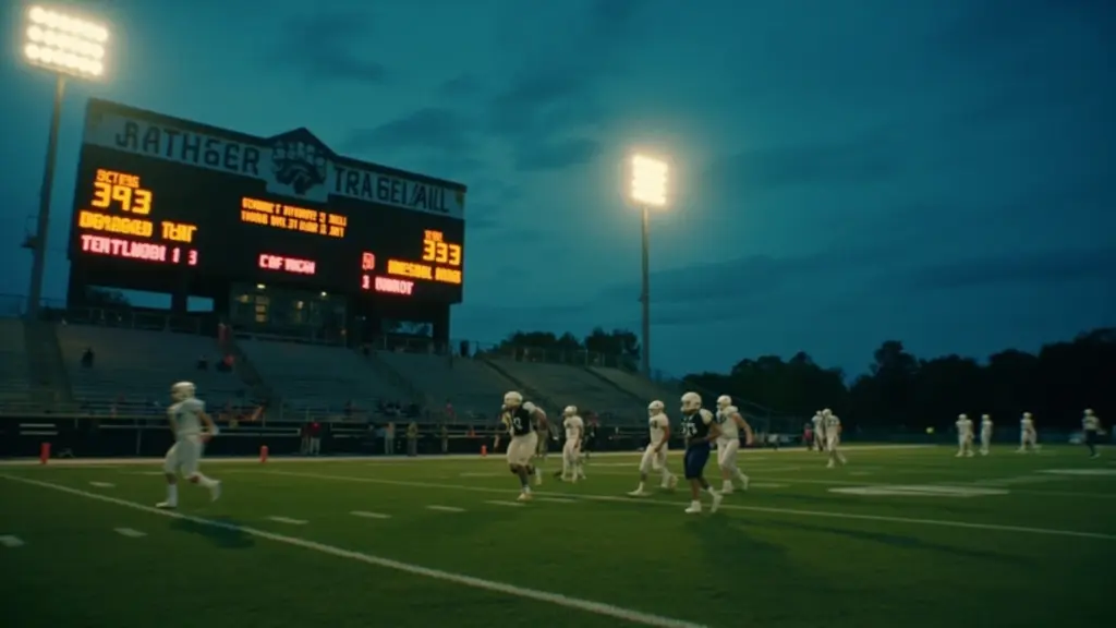 Scoreboard showing high school football scores under stadium lights