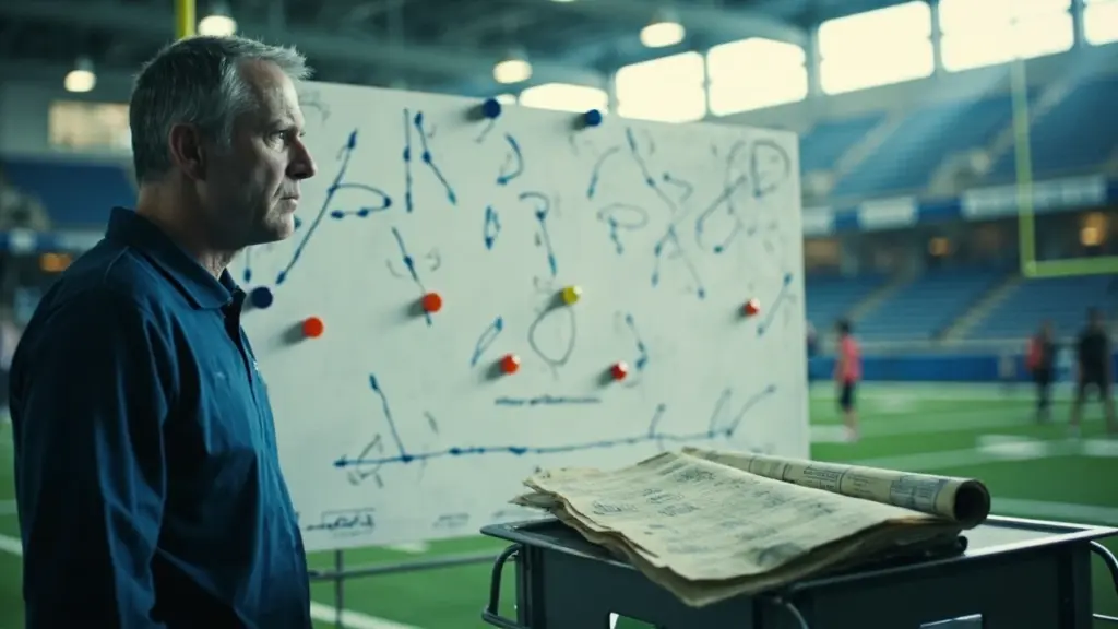Detailed football drawing on a whiteboard showing offensive play routes and player assignments