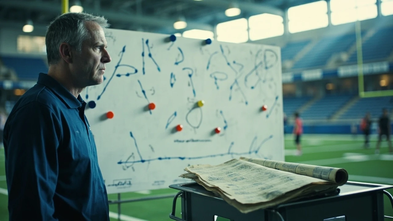 Detailed football drawing on a whiteboard showing offensive play routes and player assignments