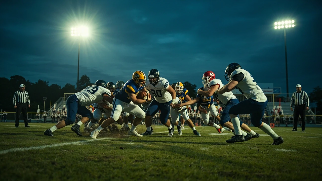 High school football players running a play under stadium lights