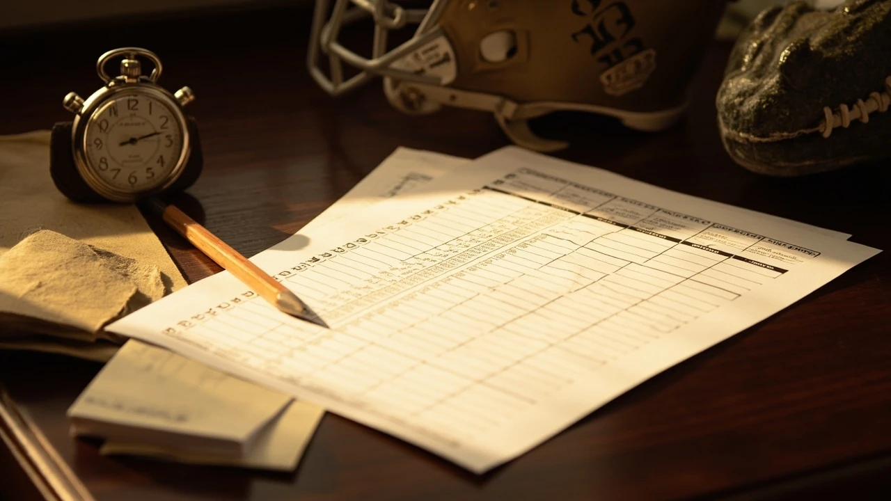 Editorial illustration of a Texas Longhorns vs Florida Gators football match player stats box score on a desk