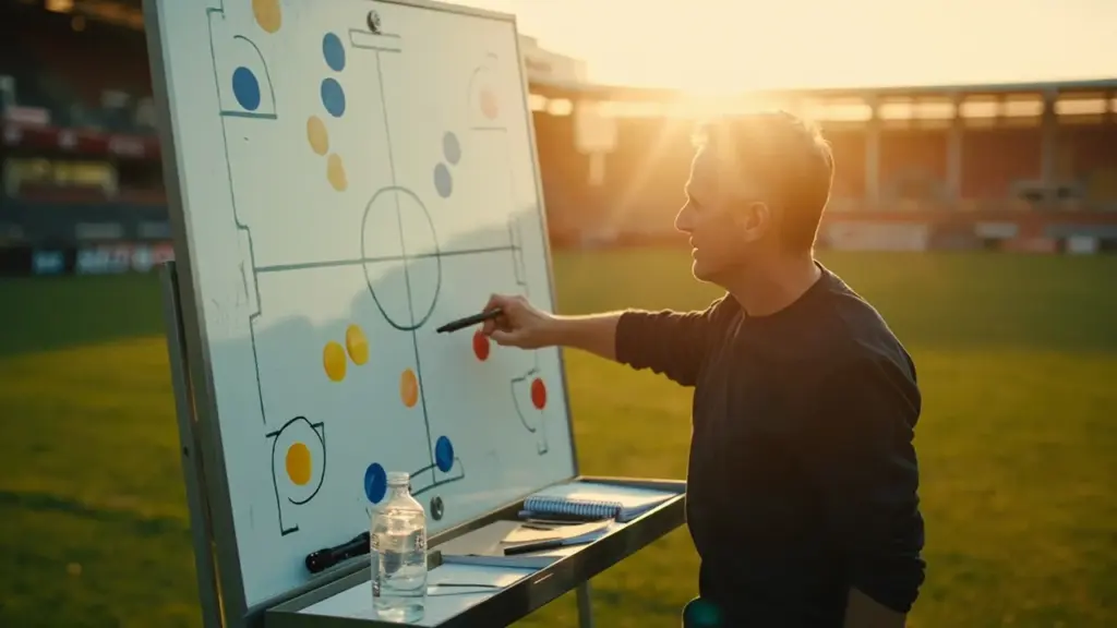Tactical whiteboard showing Brazil and France football lineups on a training pitch