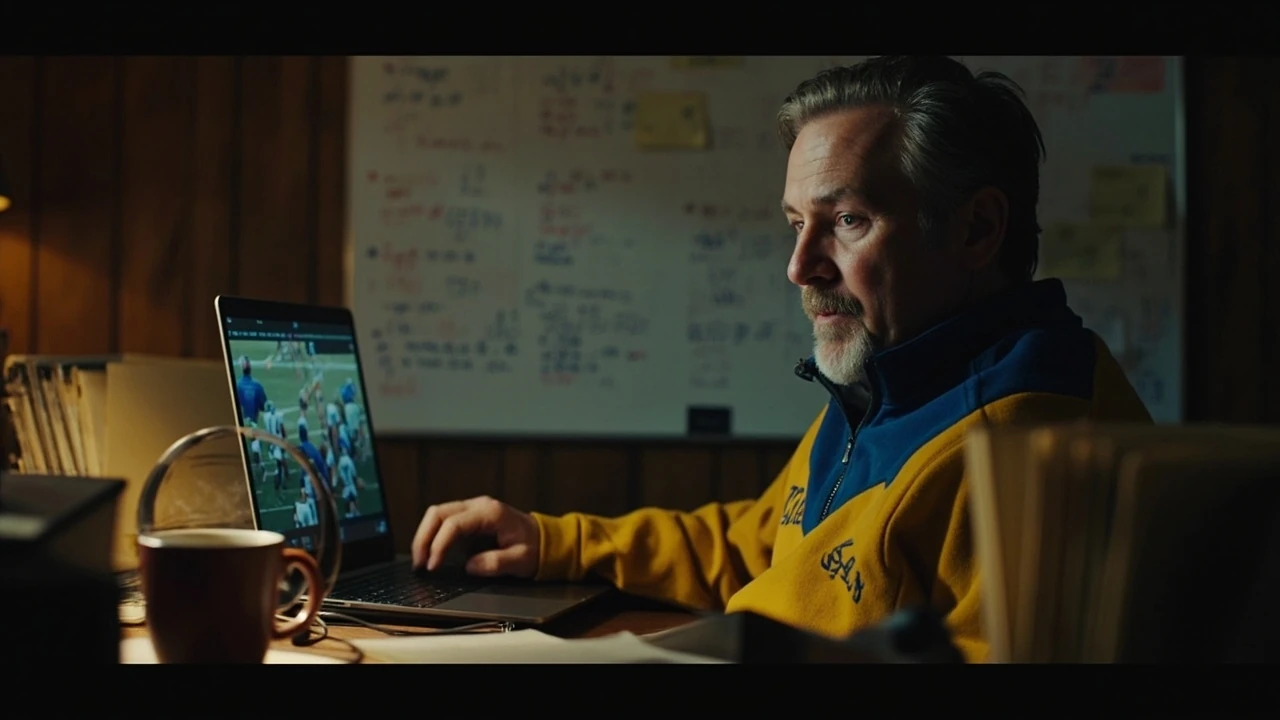 A Michigan football coach reviewing recruit film in a dimly lit campus football facility.