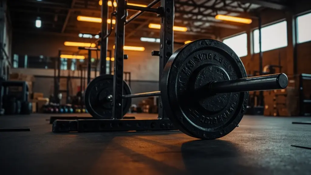 Rogue Fitness power rack, barbell, and plates arranged in a training gym