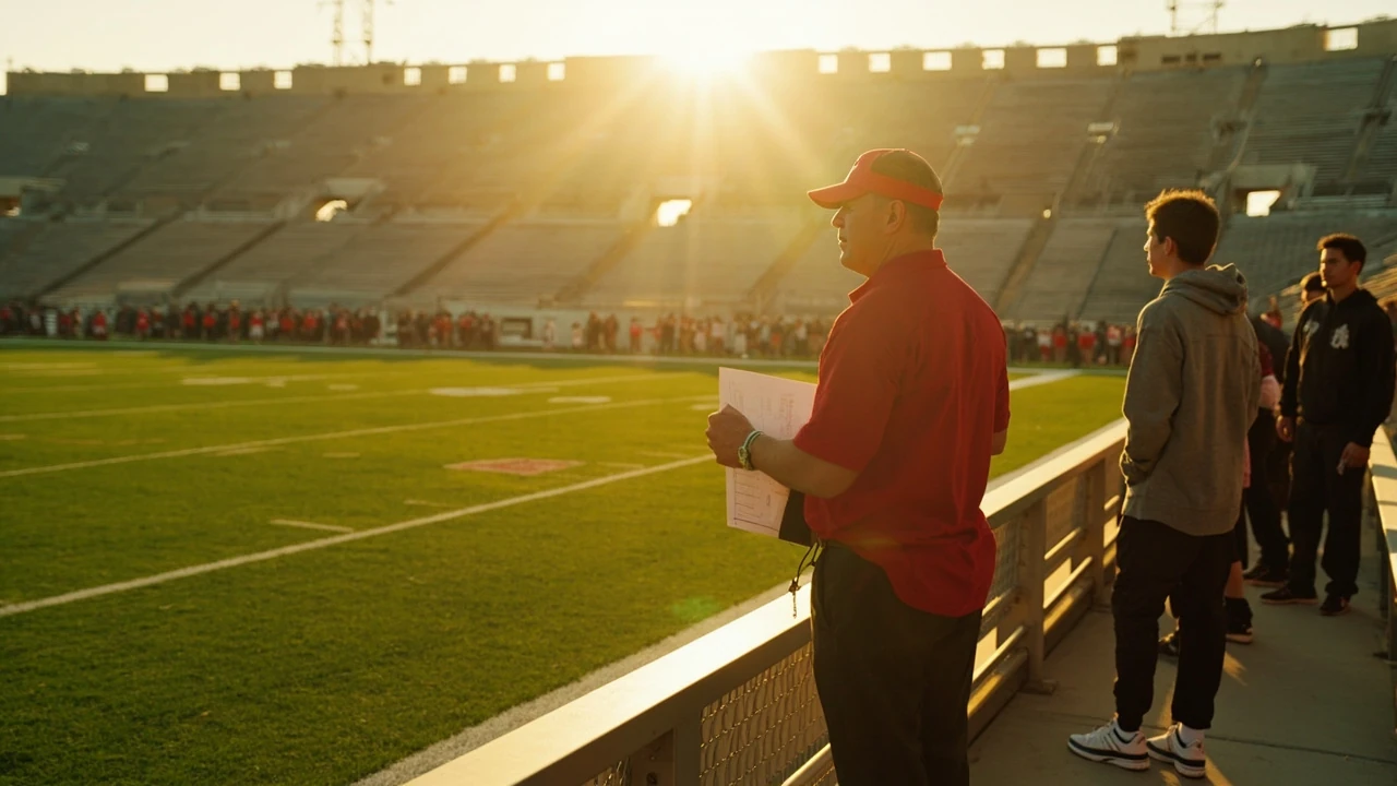Ohio state football recruiting class on a stadium field at dusk