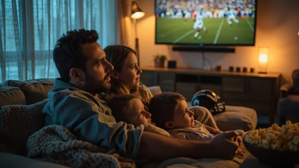 A family watching classic football movies on a living room television
