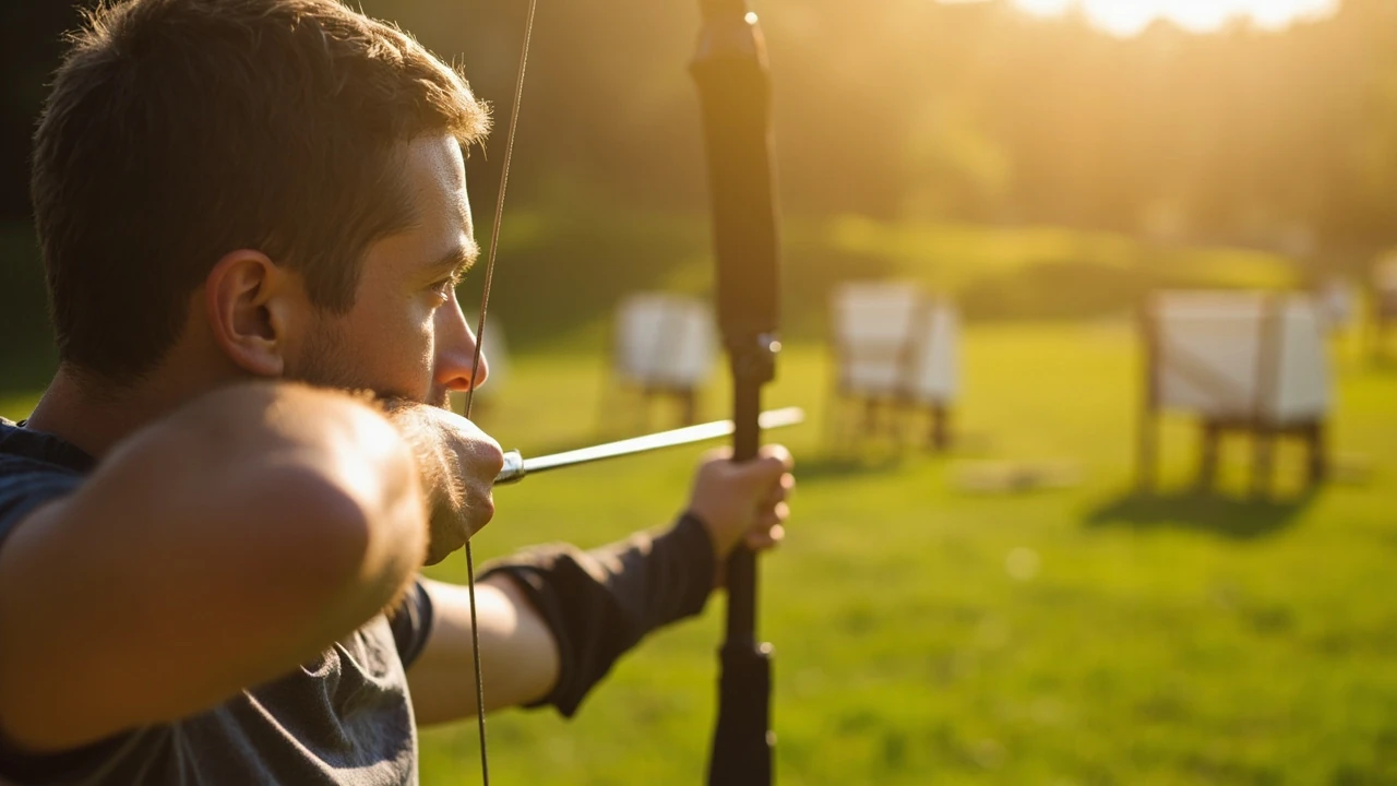 Archer at a target sports USA outdoor range with a recurve bow