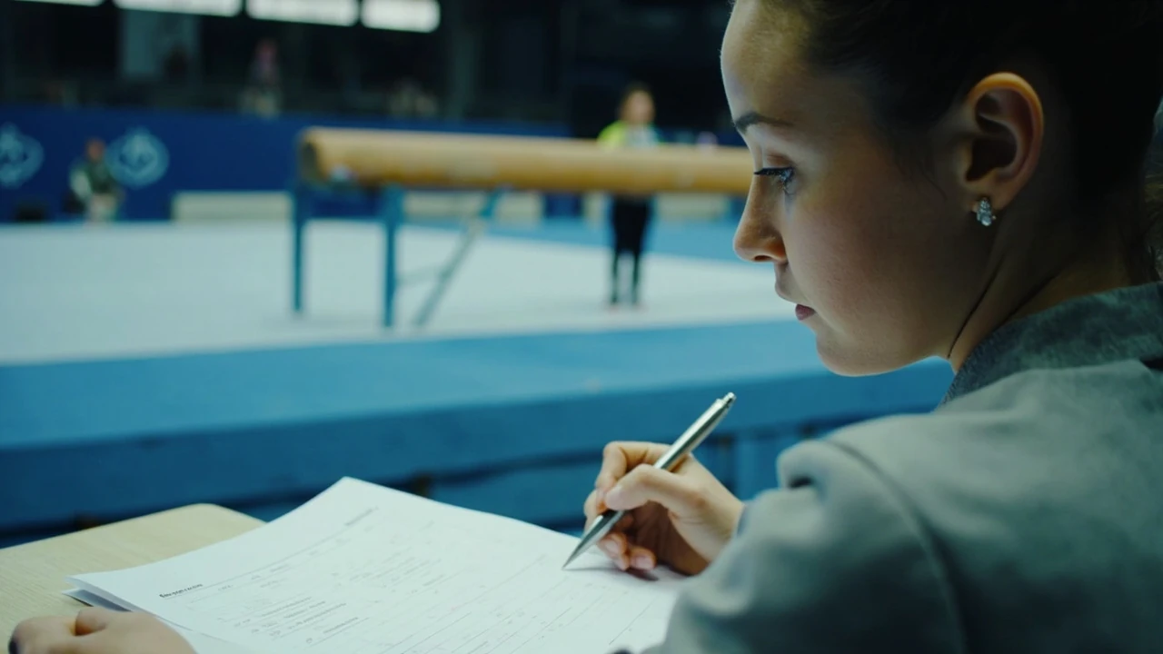 A judge reviewing a printed score sheet for onyx odds in a gymnastics competition
