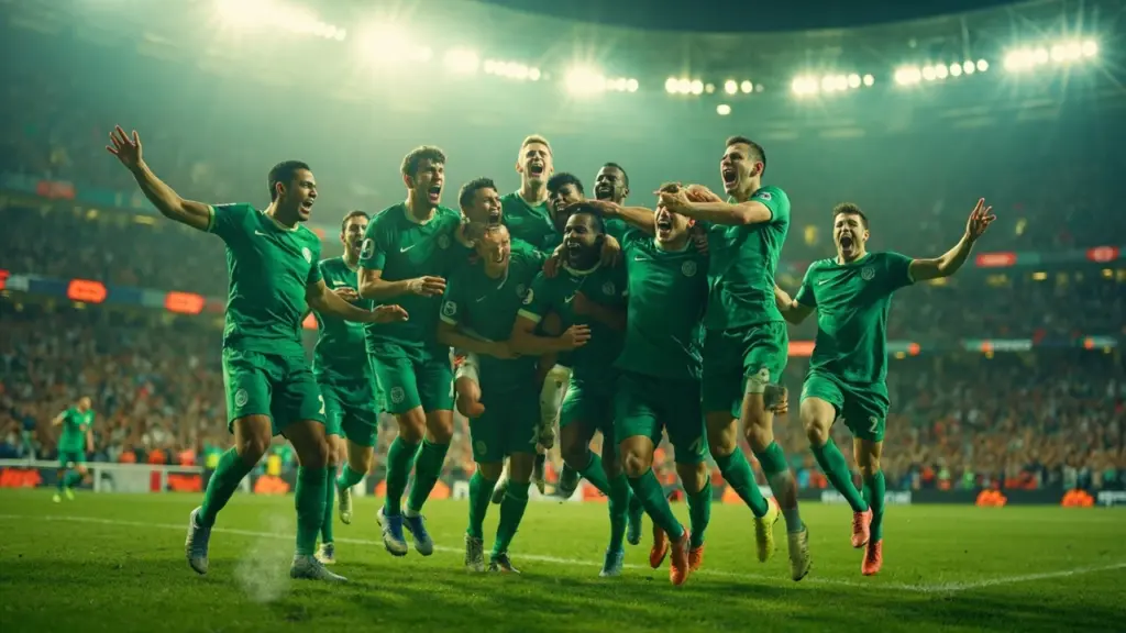 Mexico national football team players in green jerseys celebrating on the pitch