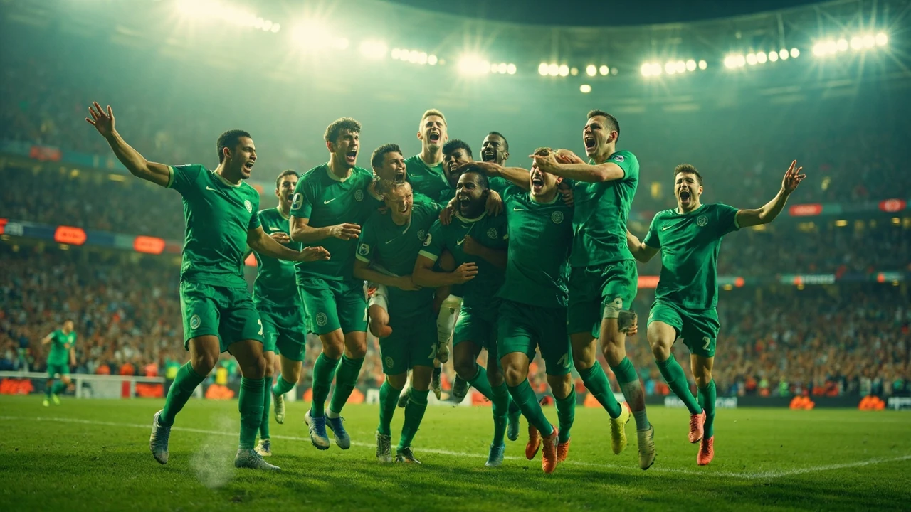 Mexico national football team players in green jerseys celebrating on the pitch