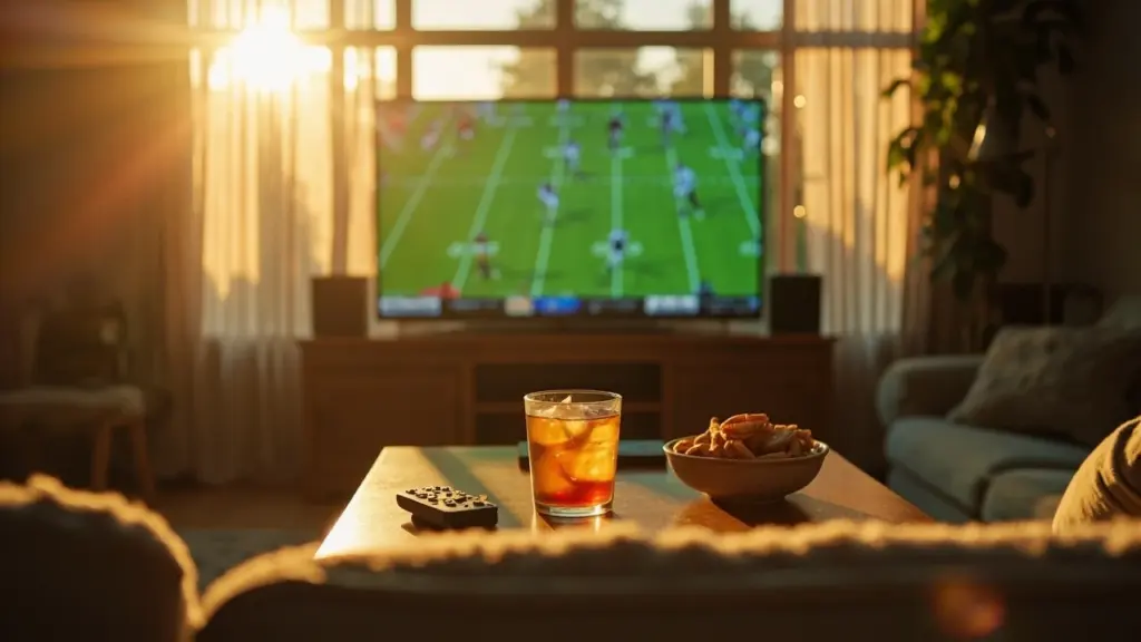Fans watching college football on TV today in a living room with multiple games on screen