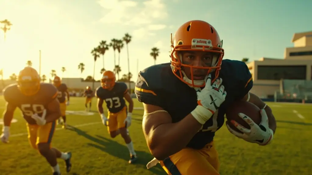 UTRGV football Vaqueros players in pads during a college practice