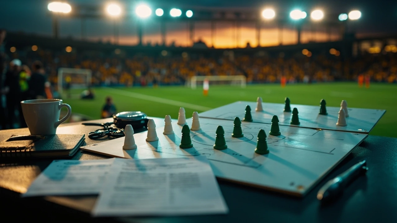 Editorial photograph of a football tactics board with two sets of magnetic markers arranged in different formations on a touchline table