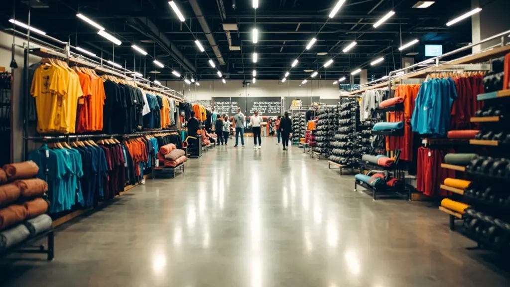 Interior of a Dunham's Sports store showing apparel and fitness equipment