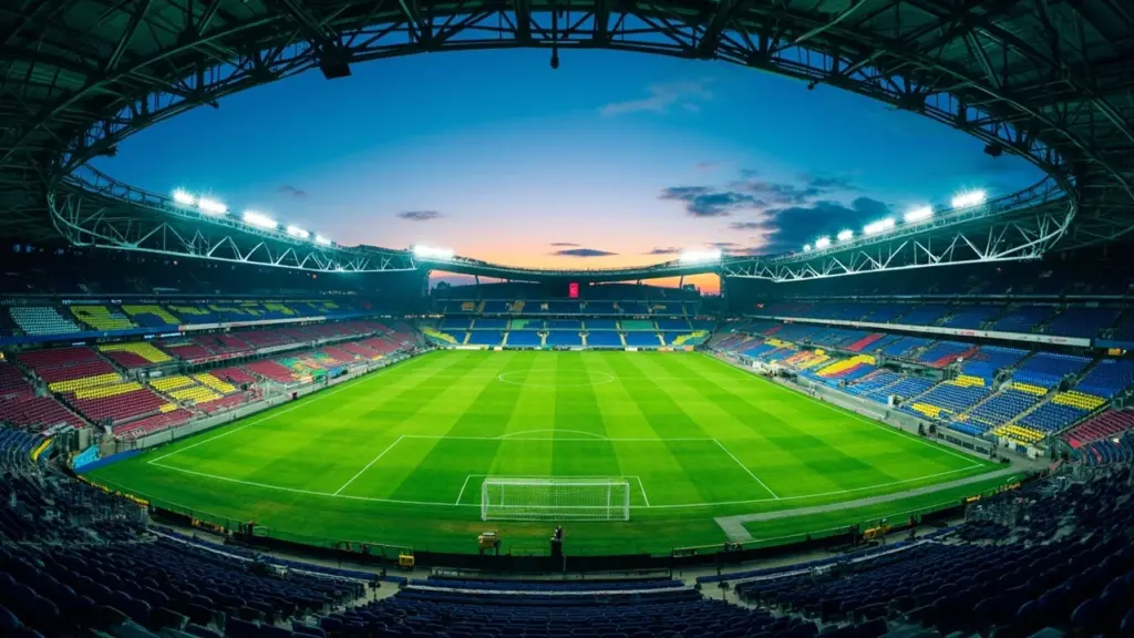 Empty football stadium at dusk with illuminated pitch and tiered seating