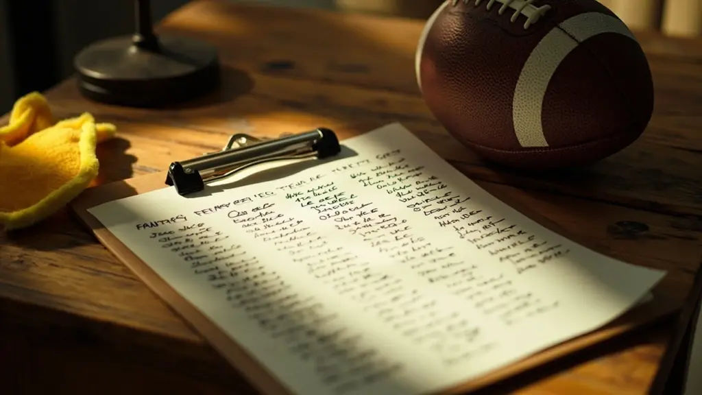 Fantasy football team names brainstormed on a clipboard beside a foam finger