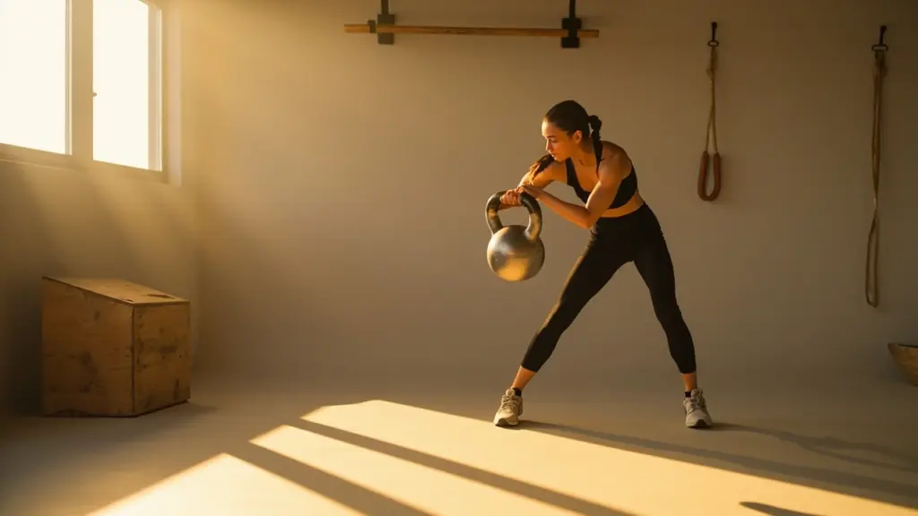 Woman performing a kettlebell swing during a retro fitness workout in a sunlit garage gym