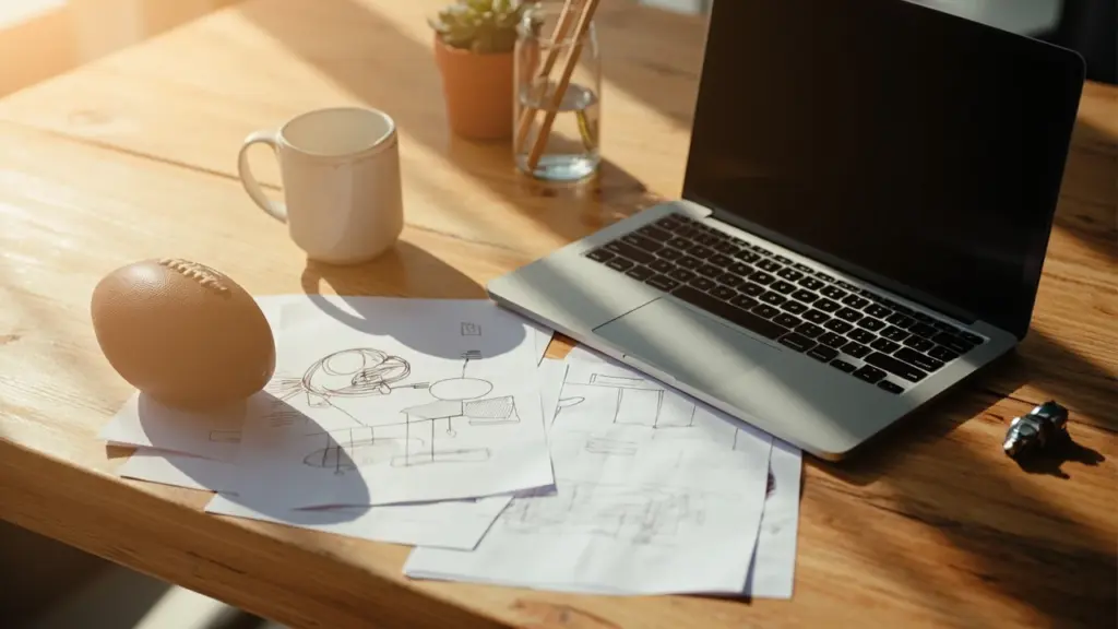 Football clipart arranged on a desk with printouts and digital mockups