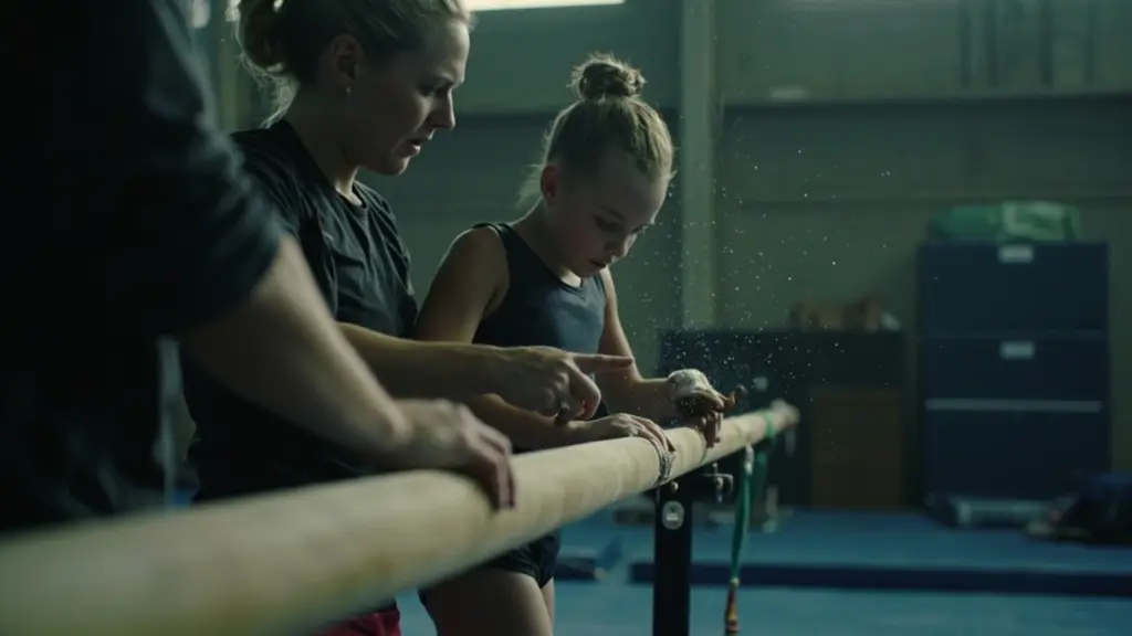A coach helping a young gymnast decide when to start using grips on the uneven bars.