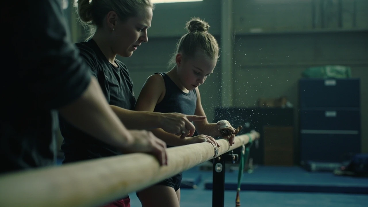 A coach helping a young gymnast decide when to start using grips on the uneven bars.