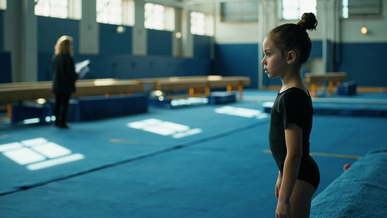 Gymnast preparing for a first gymnastics team tryout on the floor mat