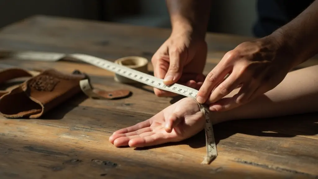 Hands measuring gymnastics grip size at home with a measuring tape