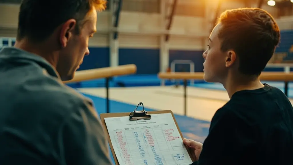 Coach and parent reviewing how to read a gymnastics score sheet